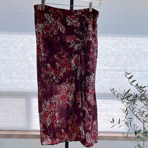 IRO Alise Abstract Floral Print Ruched Midi Skirt Burgundy 10 Artsy French NWT